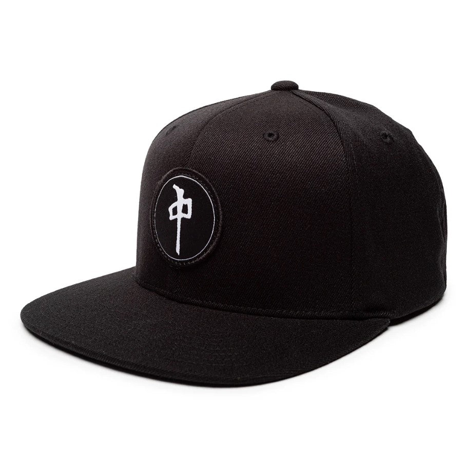 Black cap with a logo on a white background