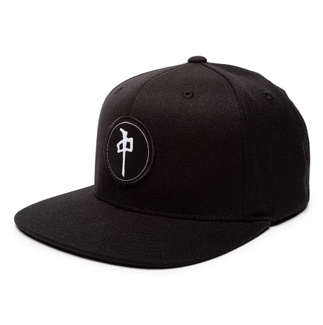 Black cap with a logo on a white background