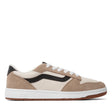 Beige and black sneaker with white sole on a white background