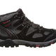Black hiking boot with red accents on a white background