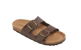 Brown sandal with two buckles on a white background