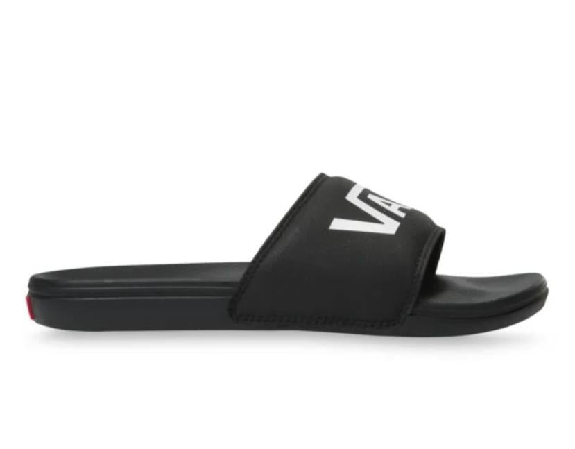 Black slide sandal with a white logo on a white background