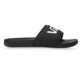 Black slide sandal with a white logo on a white background