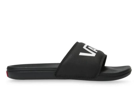 Black slide sandal with a white logo on a white background