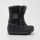 a black and grey kamik snow boot from the side with a black, rubber foot bed