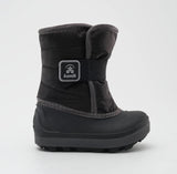 a black and grey kamik snow boot from the side with a black, rubber foot bed