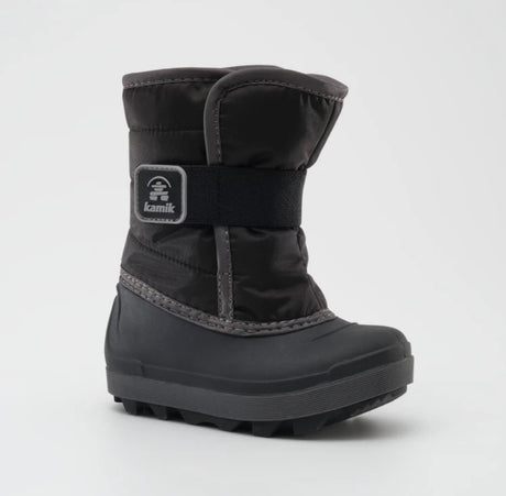 a black and grey Kamik snow boot from the side 