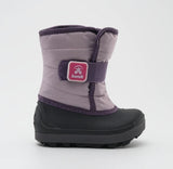 a light purple kamik snow boot from the side, showing a Velcro sap and black rubber food bed