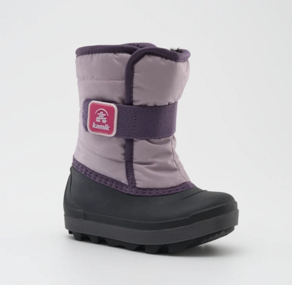 a light purple kamik snow boot from the side, showing a Velcro sap and black rubber food bed