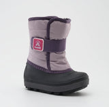 a light purple kamik snow boot from the side, showing a Velcro sap and black rubber food bed