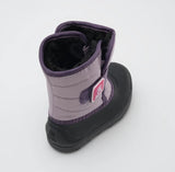 light purple kamik toddler boot from the top, showing a black fur lining