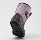 Bottom sole of a light purple and dark purple Kamik toddler boot, featuring a  black rubber bottom