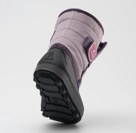 Bottom sole of a light purple and dark purple Kamik toddler boot, featuring a  black rubber bottom