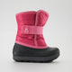 a bright pink kamik snow boot from the side, with a black, rubber foot bed
