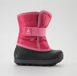 a bright pink kamik snow boot from the side, with a black, rubber foot bed