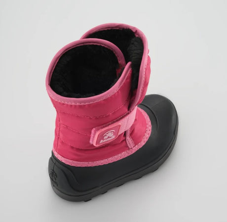 top down view of a bright pink kamik boot with a black fur lining