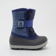 Side profile of a blue and navy blue Kamik snow boot