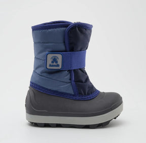 Side profile of a blue and navy blue Kamik snow boot