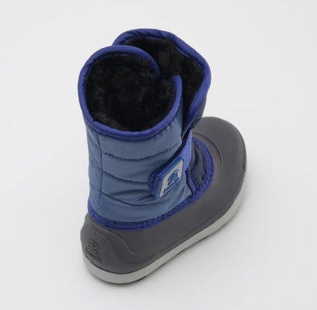 Top down of a blue and navy blue Kamik snow boot with a black fur lining