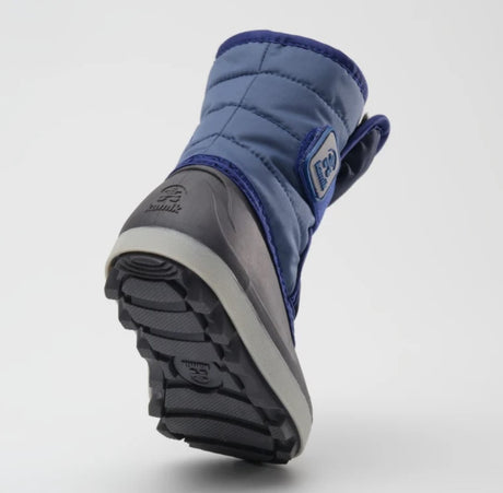 Bottom sole of a blue and navy blue Kamik toddler boot, featuring a grey and black rubber bottom