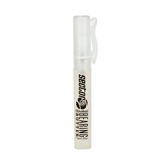 Clear bottle with black text saying "Sector 9 Nineball Bearing Butter" on a white background