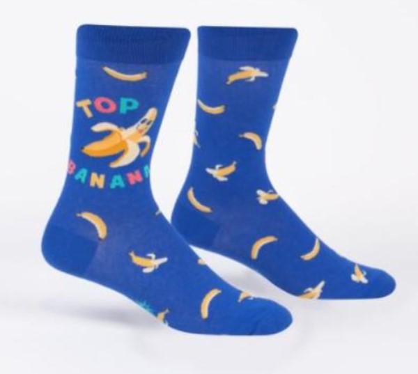 Blue socks with banana patterns and text on a white background