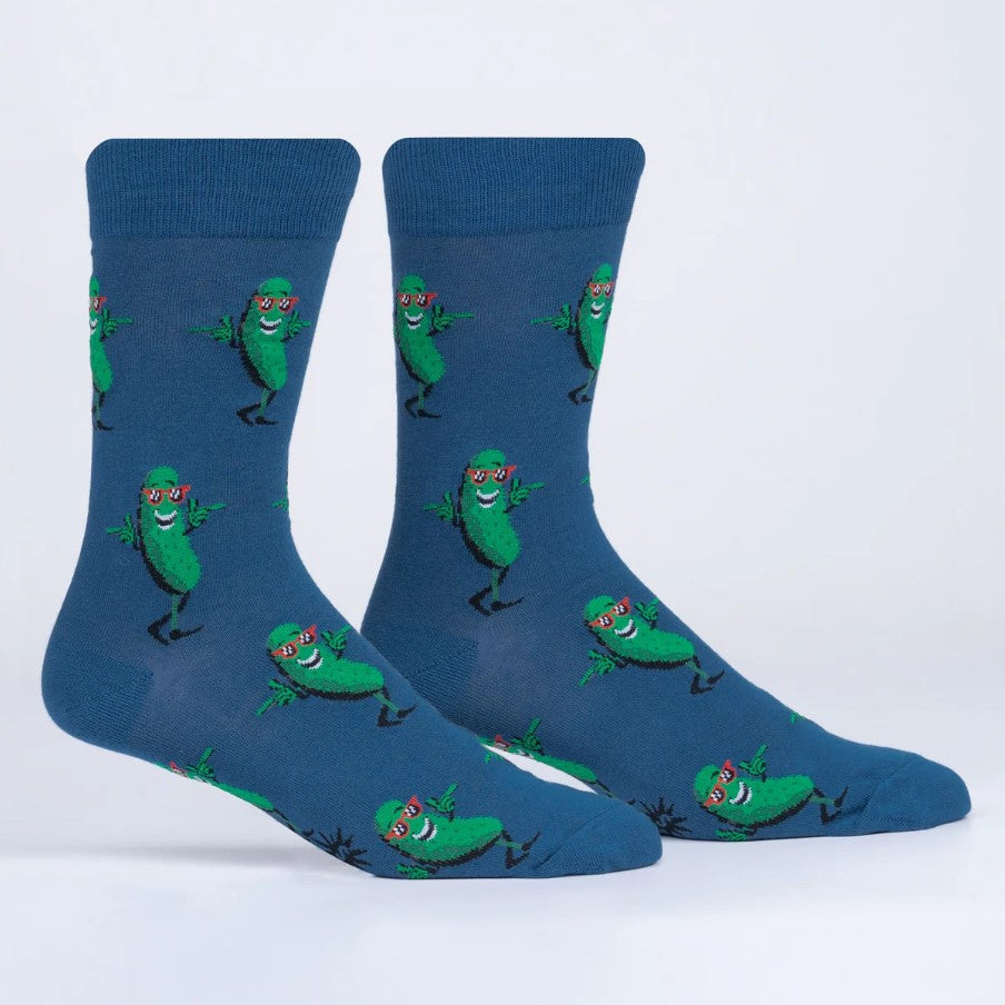 Blue socks with pickle character design on a white background