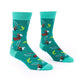 Teal socks with fishing-themed design on a white background