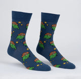 Blue socks with frog pattern on a white background