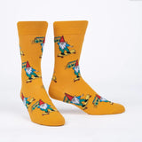 Yellow socks with gnome on skateboards pattern on a white background