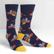 Navy socks with a raccoon in a kayak pattern on a white background