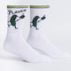 White socks with cartoon pickle character and 'Player' text on a white background