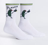 White socks with cartoon pickle character and 'Player' text on a white background