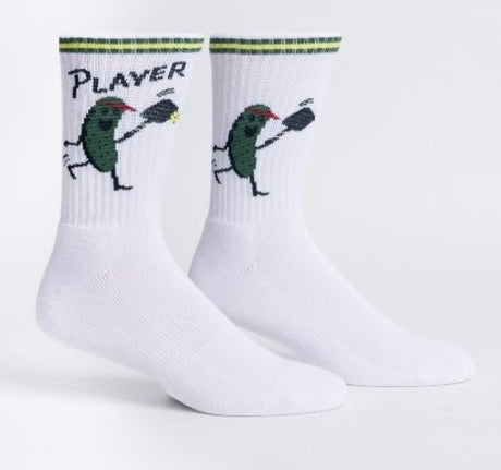 White socks with cartoon pickle character and 'Player' text on a white background