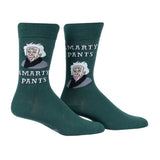 Green socks with an image of Albert Einstein and 'Smarty Pants' text on a white background