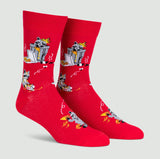Red socks with cartoon raccoon designs on a light gray background