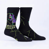 Black socks with a wizard lizard design on a white background