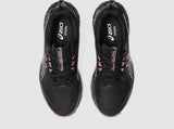 Black running shoes with pink accents on a white background