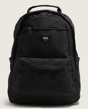 Black backpack with Vans logo on a beige background