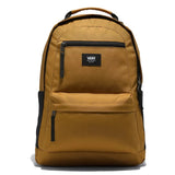 Golden Brown backpack with black zippers and Vans logo on a white background