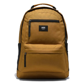 Golden Brown backpack with black zippers and Vans logo on a white background