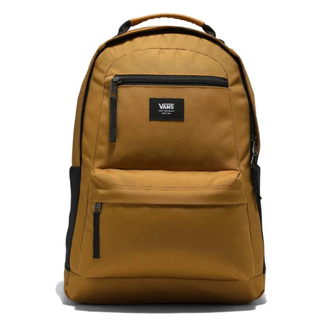 Golden Brown backpack with black zippers and Vans logo on a white background