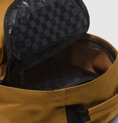 Golden Brown backpack with open front pocket revealing black checker interior.