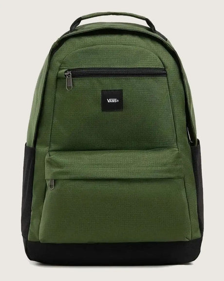 Green backpack with black accents on a light gray background