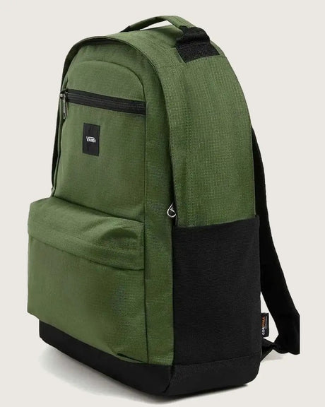 Green and black backpack on a light gray background