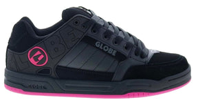 Black and pink sneaker with 'Globe' branding on a white background