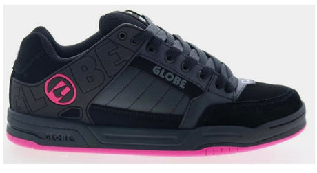 Black and pink sneaker with 'Globe' branding on a white background