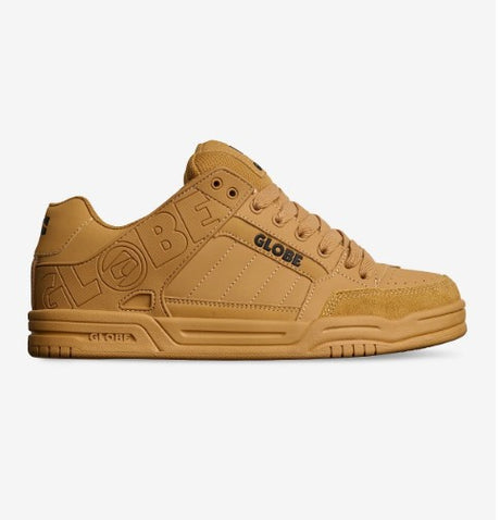 Tan sneaker with 'Globe' branding on a white background