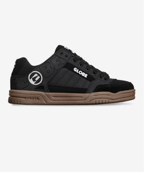 Black and brown sneaker with 'Globe' branding on a white background