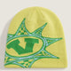 Yellow beanie with green and blue pattern on a light gray background